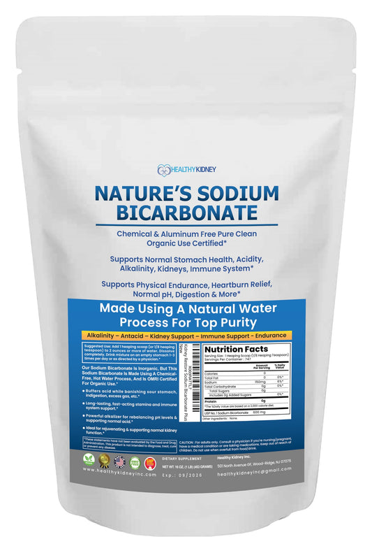 Kidney Restore Nature's Sodium Bicarbonate packaging—aluminum-free baking soda for everyday baking.
