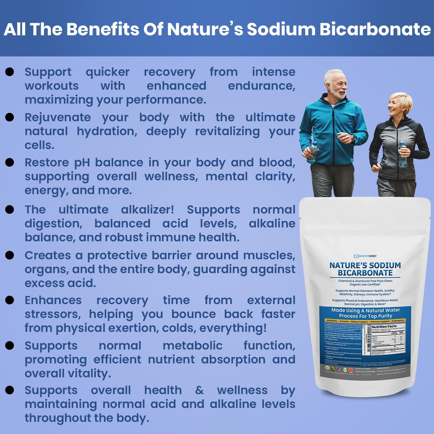Kidney Restore sodium bicarbonate powder pour demonstrates easy-to-use form for quick mixing.