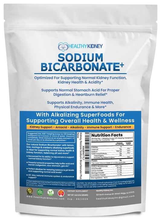 Kidney Restore organic sodium bicarbonate powder bottle highlighting alkalinity support.