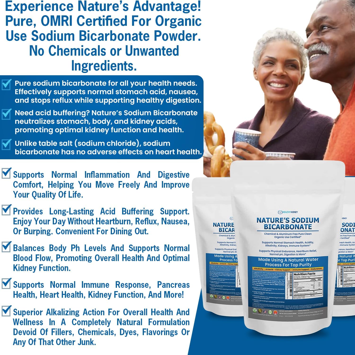 Kidney Restore organic-use baking soda label highlights aluminum-free, organic-certified quality.