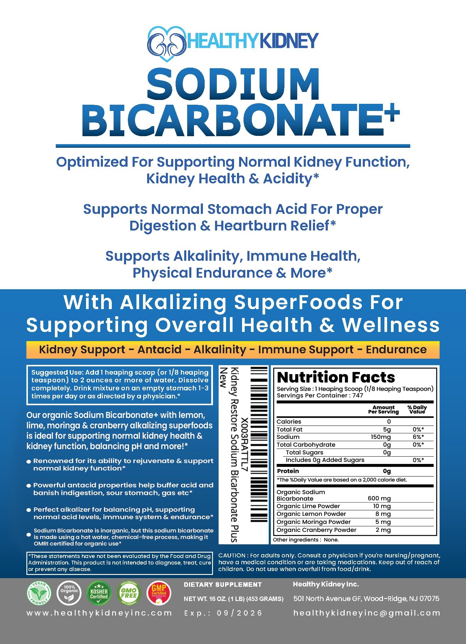 Kidney Restore organic-use sodium bicarbonate packaging highlighting organic alkalinity support.