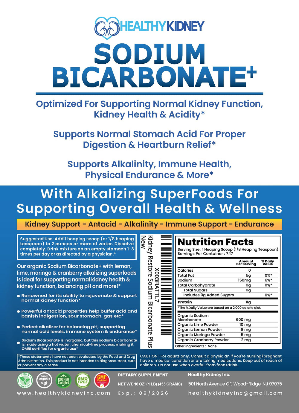 Kidney Restore organic-use sodium bicarbonate packaging highlighting organic alkalinity support.