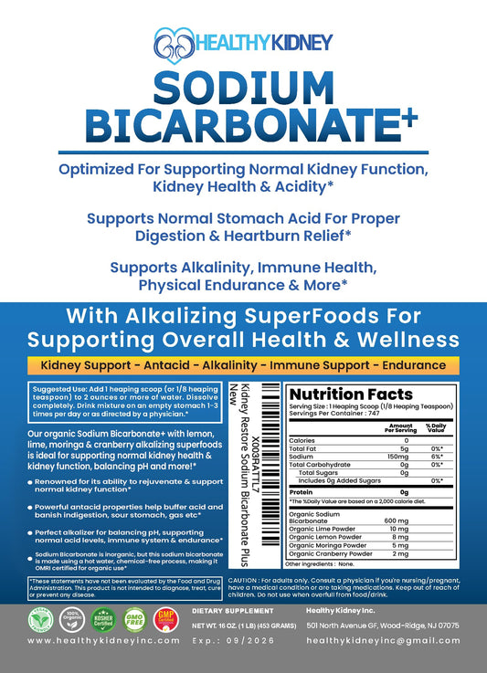Kidney Restore organic-use sodium bicarbonate packaging highlighting organic alkalinity support.