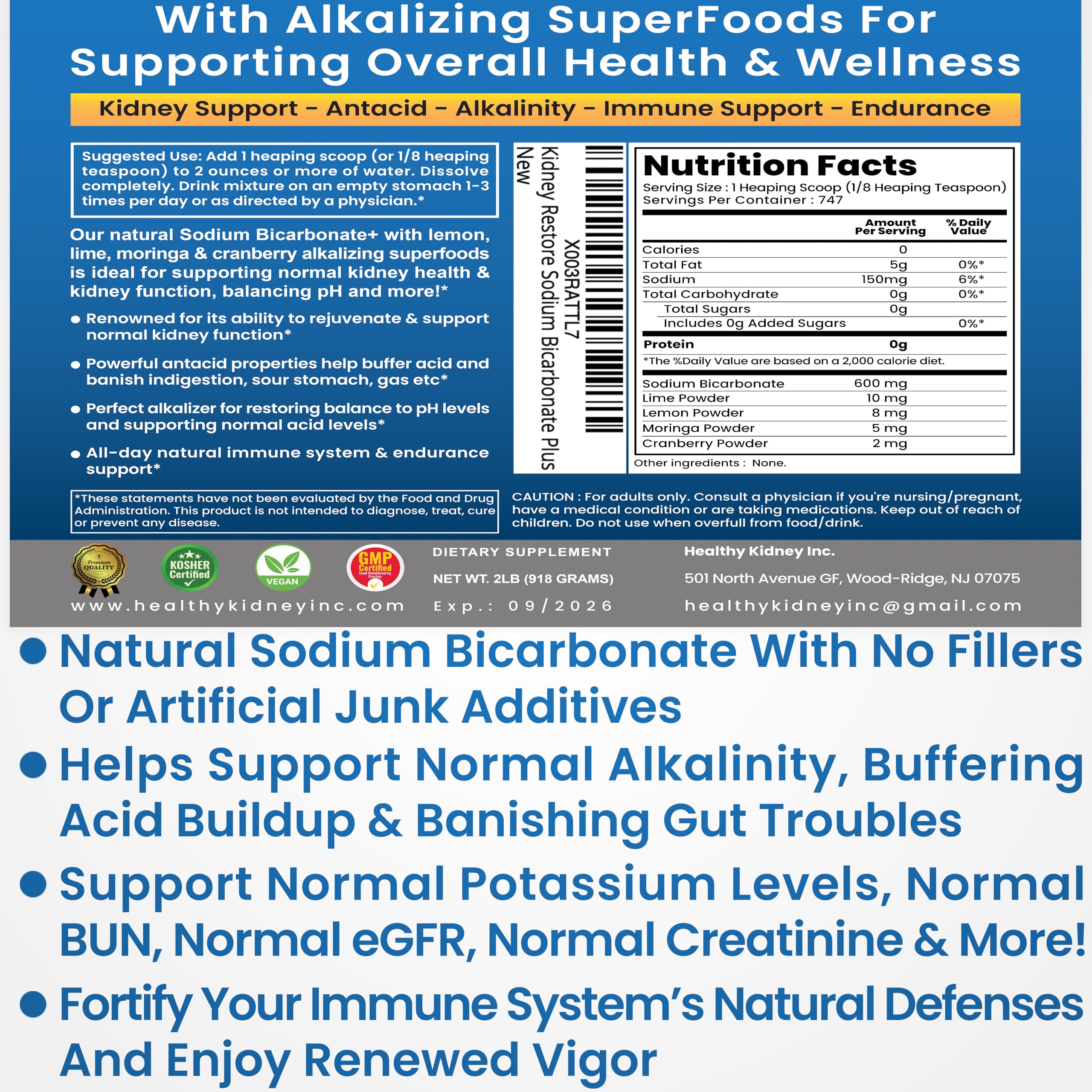Kidney Restore packaging with label and ingredient details emphasizing natural origin.