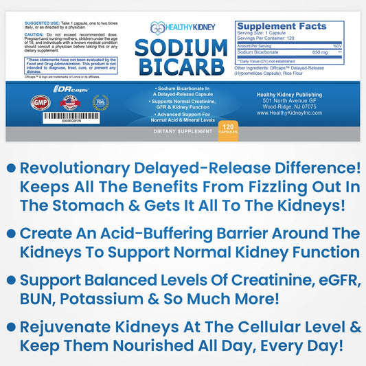 Kidney Restore sodium bicarbonate capsules close-up showing 650mg formula for alkalinity support.