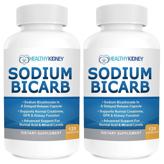 Kidney Restore sodium bicarbonate delayed-release bottle with 650mg capsules for kidney support.