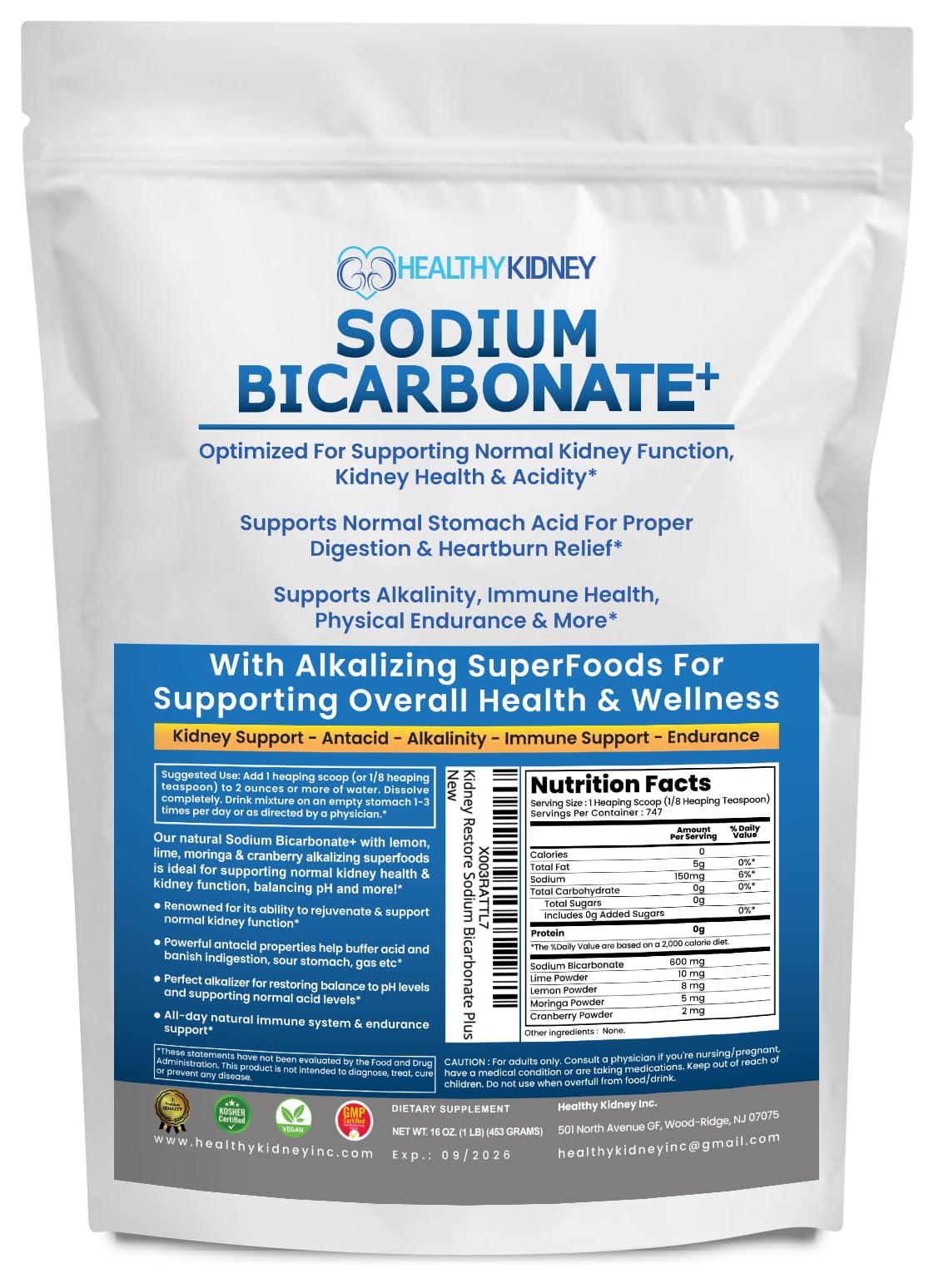 Kidney Restore sodium bicarbonate powder bottle showing organic formula for alkalinity and kidney support