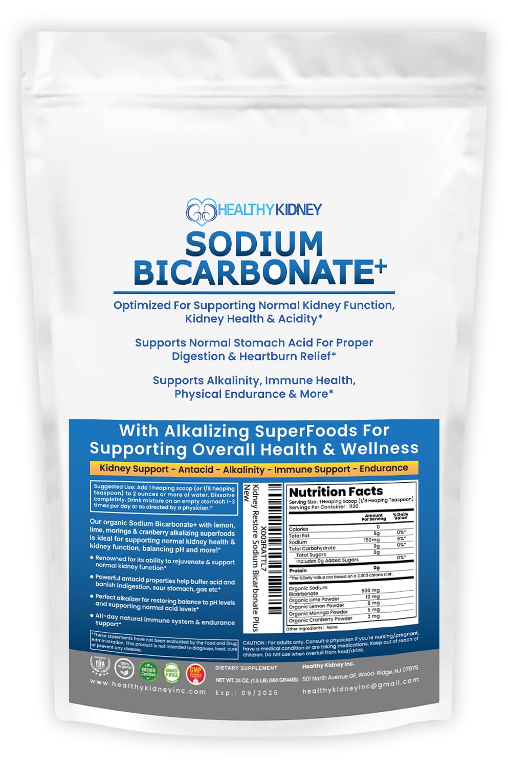 Kidney Restore sodium bicarbonate powder bottle for daily alkalinity and wellness.