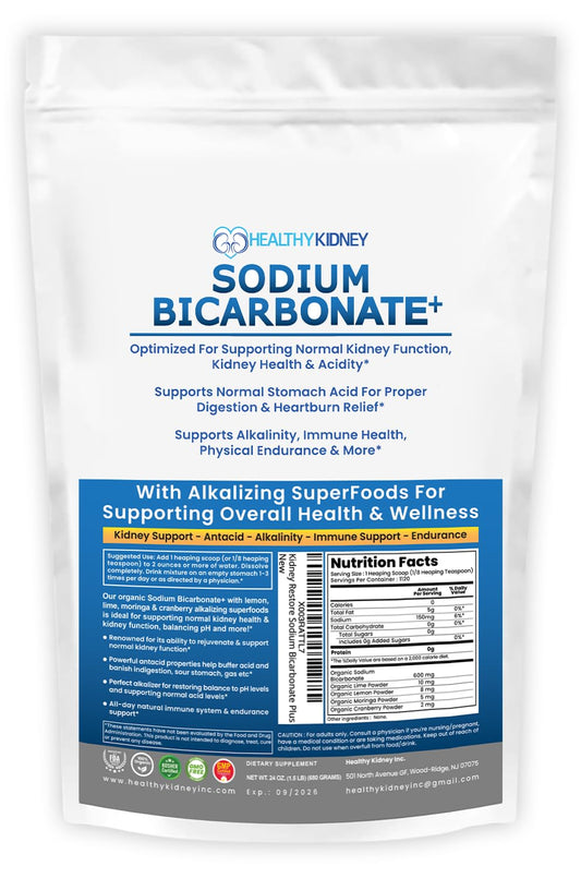Kidney Restore sodium bicarbonate powder bottle for daily alkalinity and wellness.