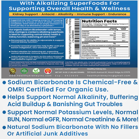 Kidney Restore sodium bicarbonate powder dispense close-up for quick stomach relief and pH balance
