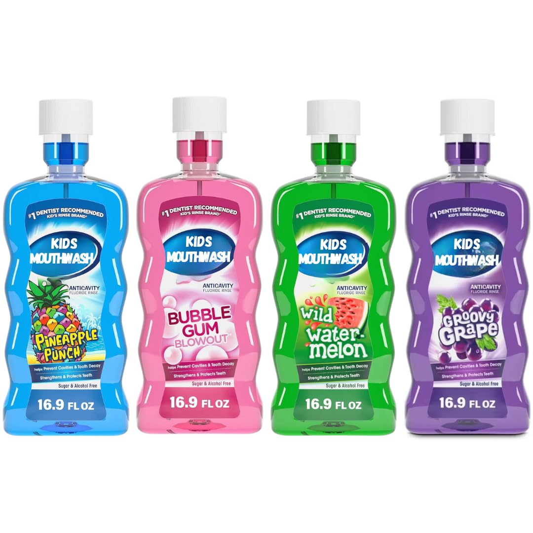 Kids Anticavity Fluoride Mouthwash Variety Pack in Bubble Gum, Pineapple, Grape, and Watermelon flavors; sugar- and alcohol-free; 16.9 fl oz each; 4-pack