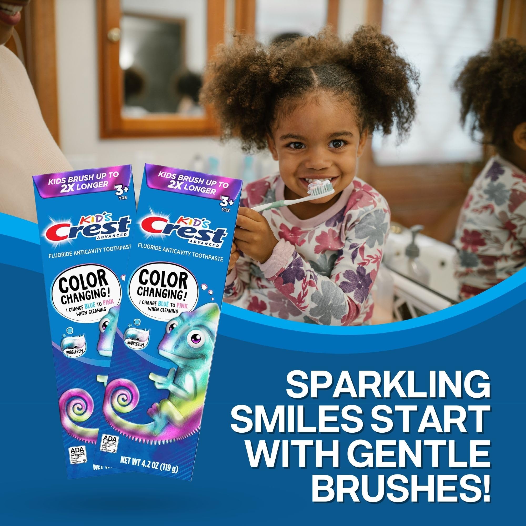 Child brushing teeth with color-changing toothpaste