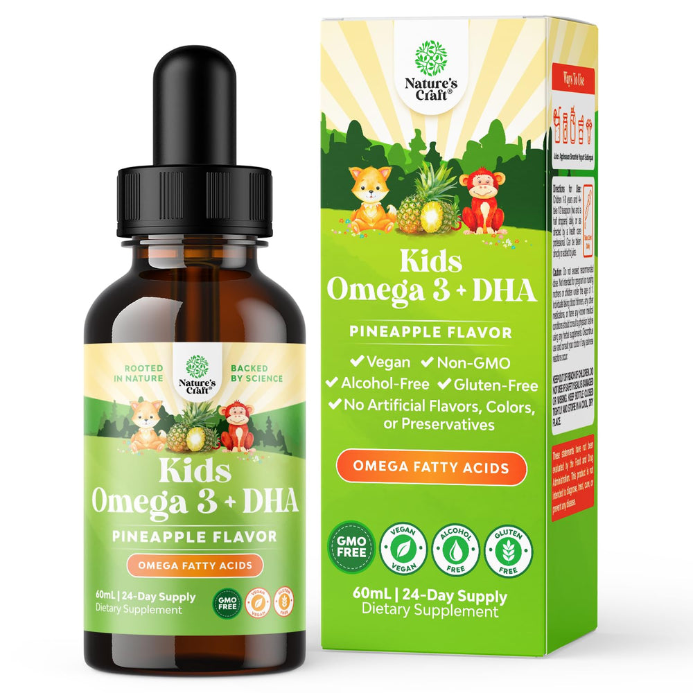 Bottle of Kids DHA Omega-3 Drops with a fruity background