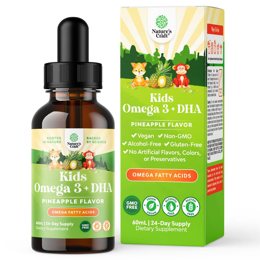 Bottle of Kids DHA Omega-3 Drops with a fruity background