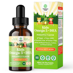 Bottle of Kids DHA Omega-3 Drops with a fruity background
