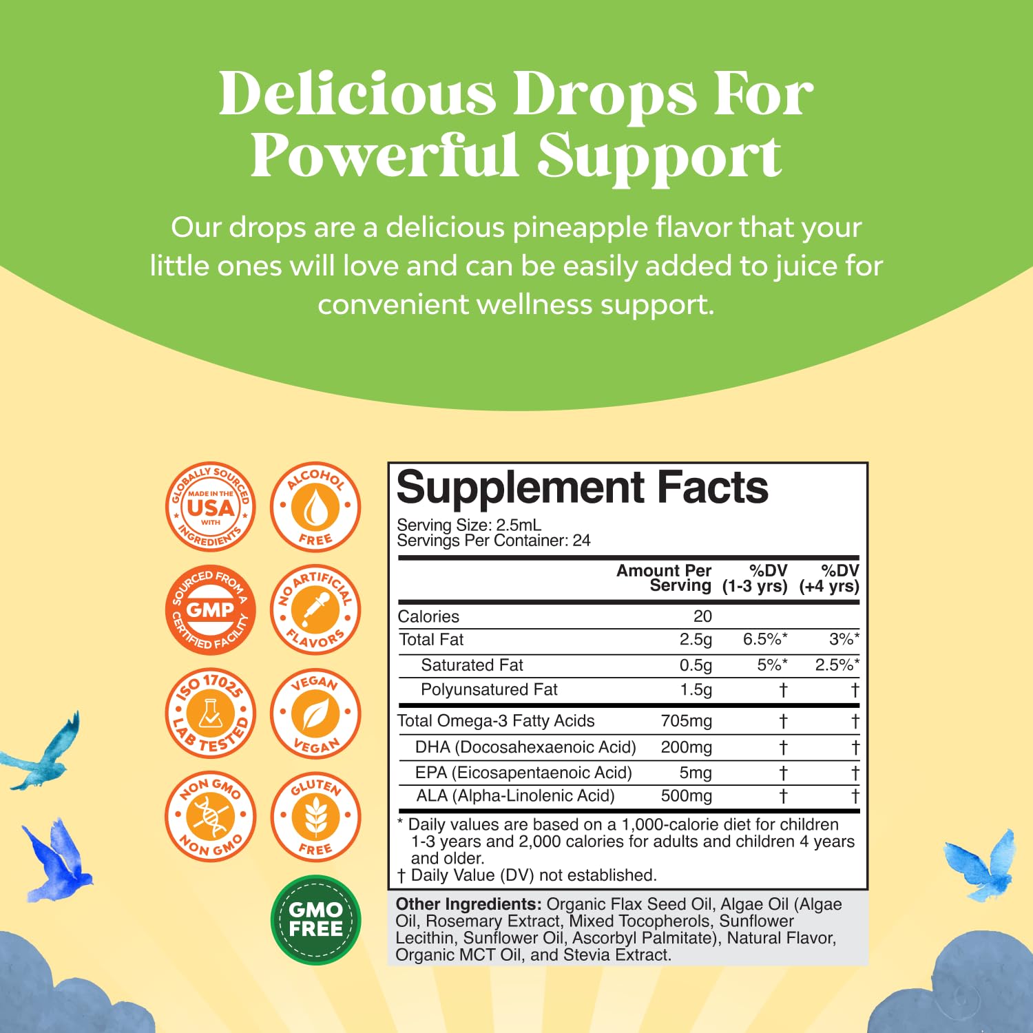 Kids-friendly liquid DHA supplement bottle