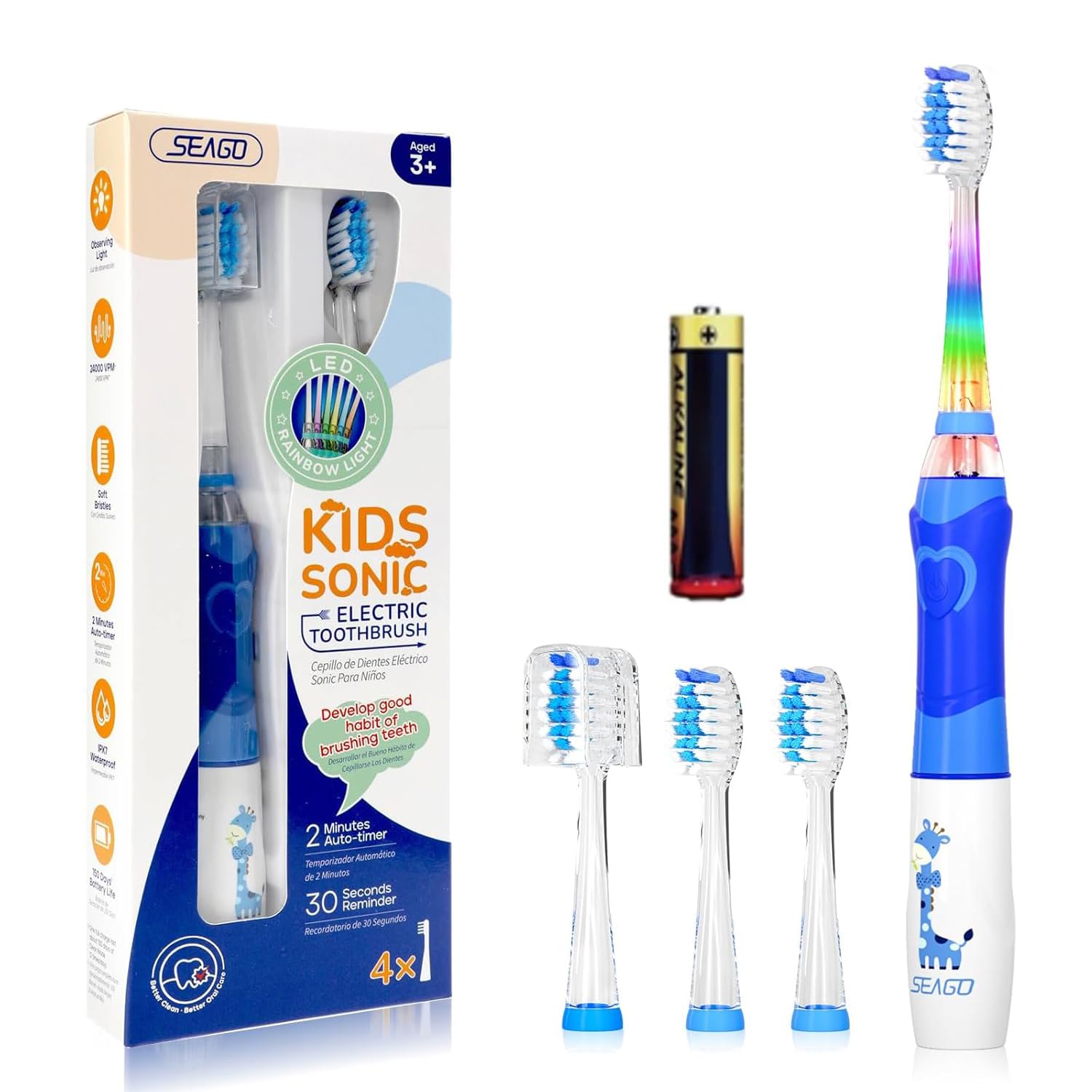 Blue kids electric toothbrush with LED lights, 2-minute timer and 24,000 vibrations for ages 4-12.