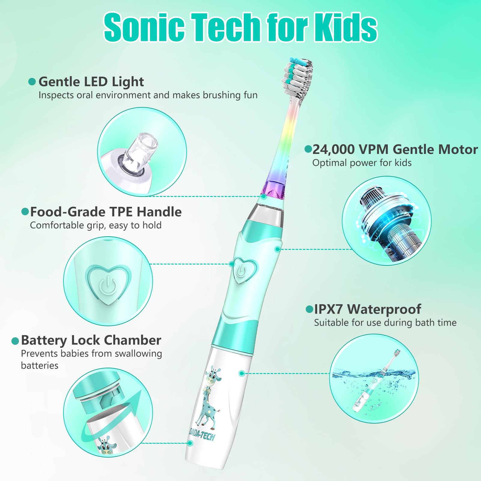 Close-up of soft bristles on the kids electric toothbrush