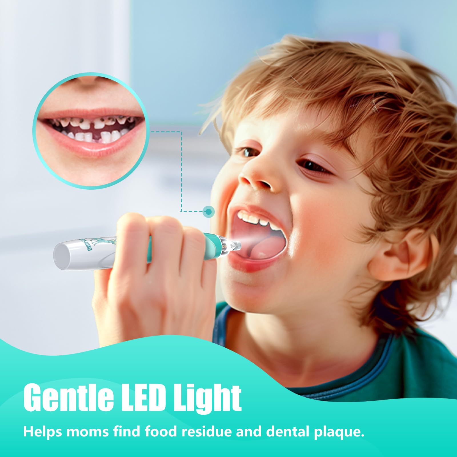 Rainbow LED light mode active on kids toothbrush with green giraffe design