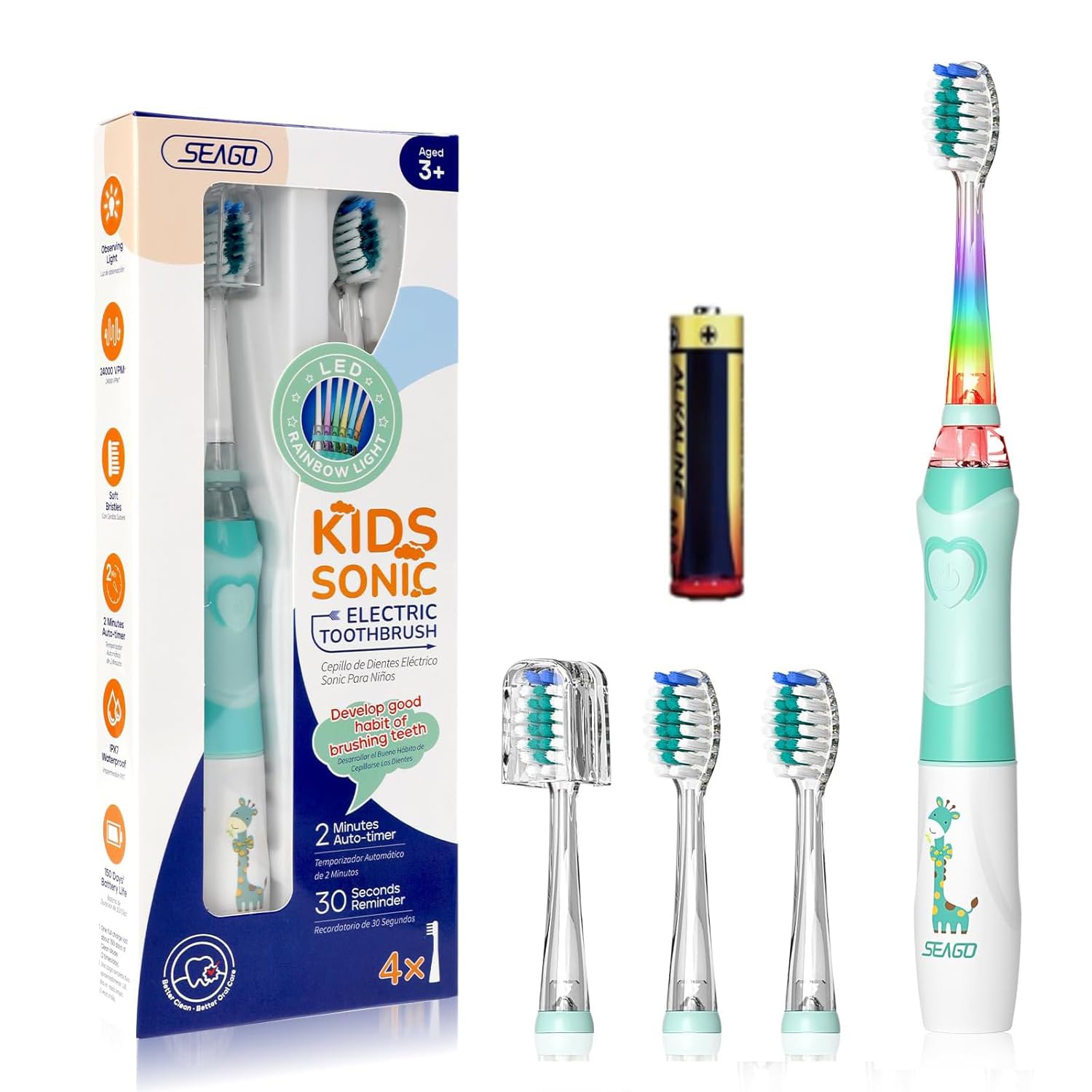 Green Kids Electric Toothbrush with LED Lights, 2-Minute Timer, 30-Second Reminder, 24,000 Vibrations, for Ages 4-12