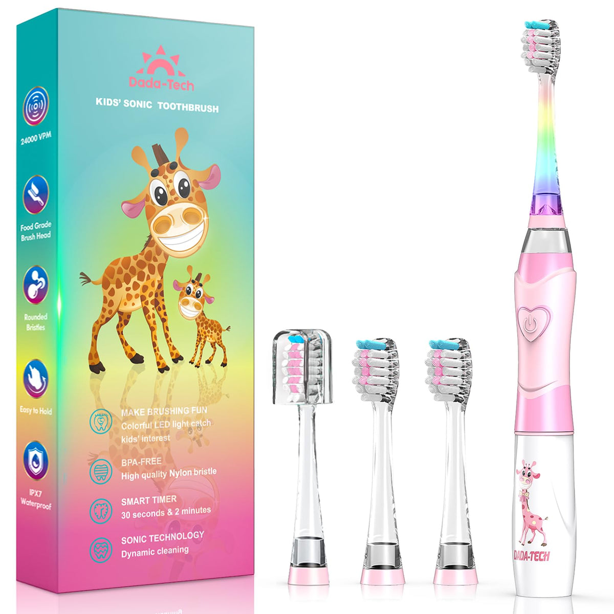 Pink giraffe-themed kids electric toothbrush with rainbow LED light