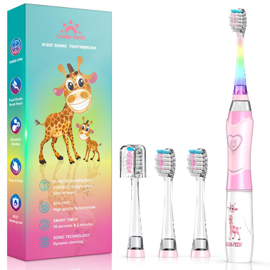 Pink giraffe-themed kids electric toothbrush with rainbow LED light