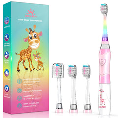 Pink giraffe-themed kids electric toothbrush with rainbow LED light