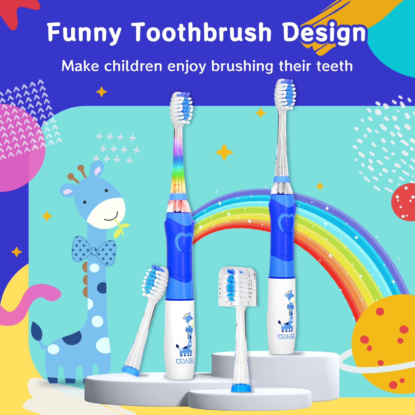 Packaging and included 4 replacement brush heads for ages 4-12