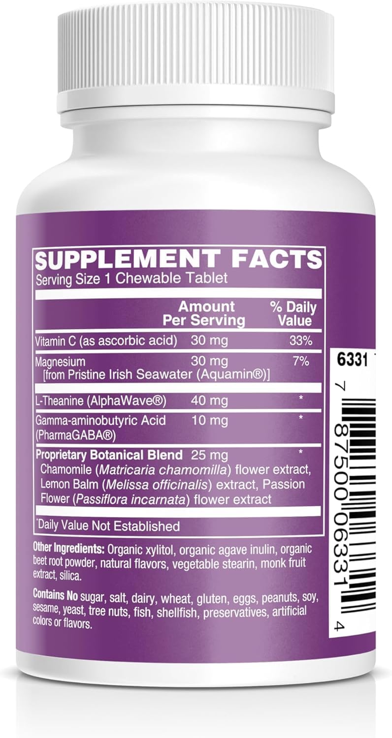 Close-up of mixed fruit flavored chewables highlighting sugar-free and melatonin-free formula