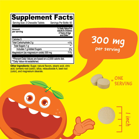 Back view with nutrition label of VitaWorks Kids Magnesium Chewables orange bottle