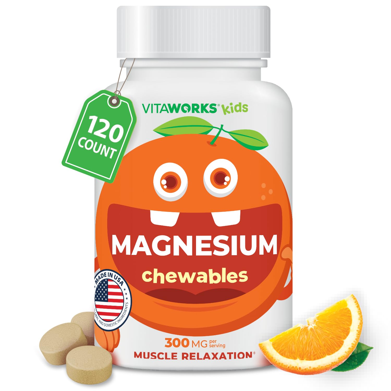 Front view of VitaWorks Kids Magnesium Chewables orange bottle