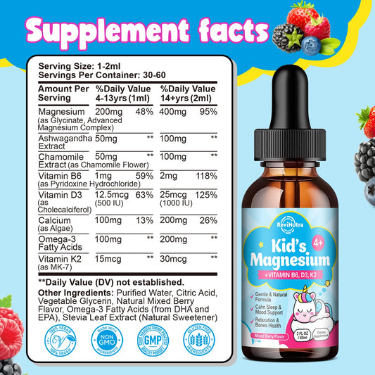 Close-up of berry-flavored magnesium glycinate drops bottle