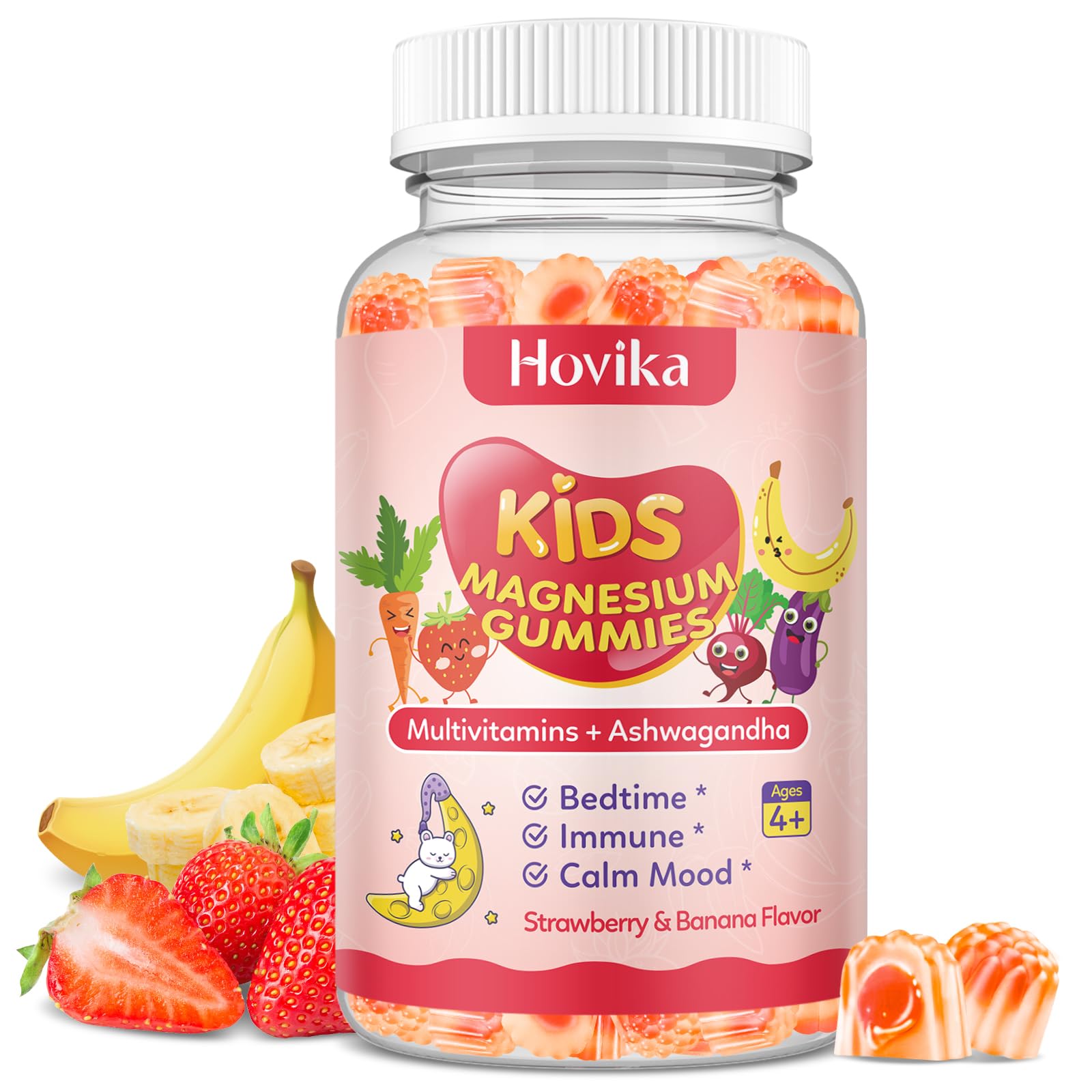 Strawberry banana flavor kids magnesium gummy on white background