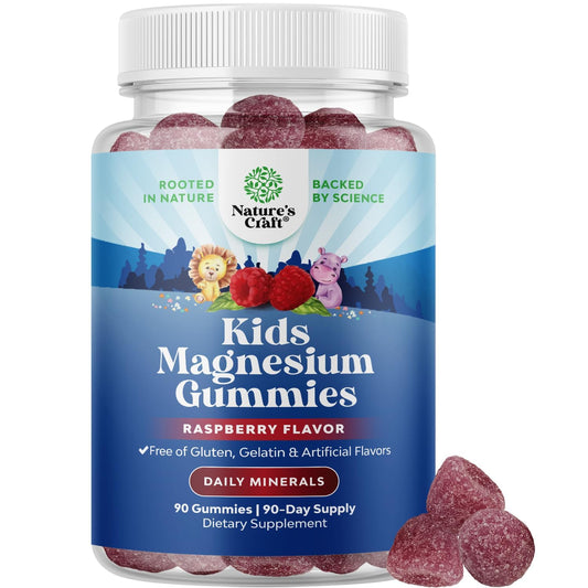 Kids Magnesium Gummies bottle with raspberry flavor label