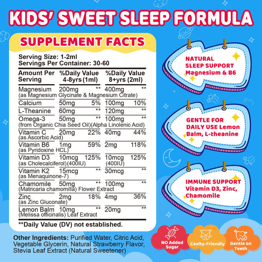 Close-up of magnesium glycinate drops with L-Theanine and Omega-3 for kids