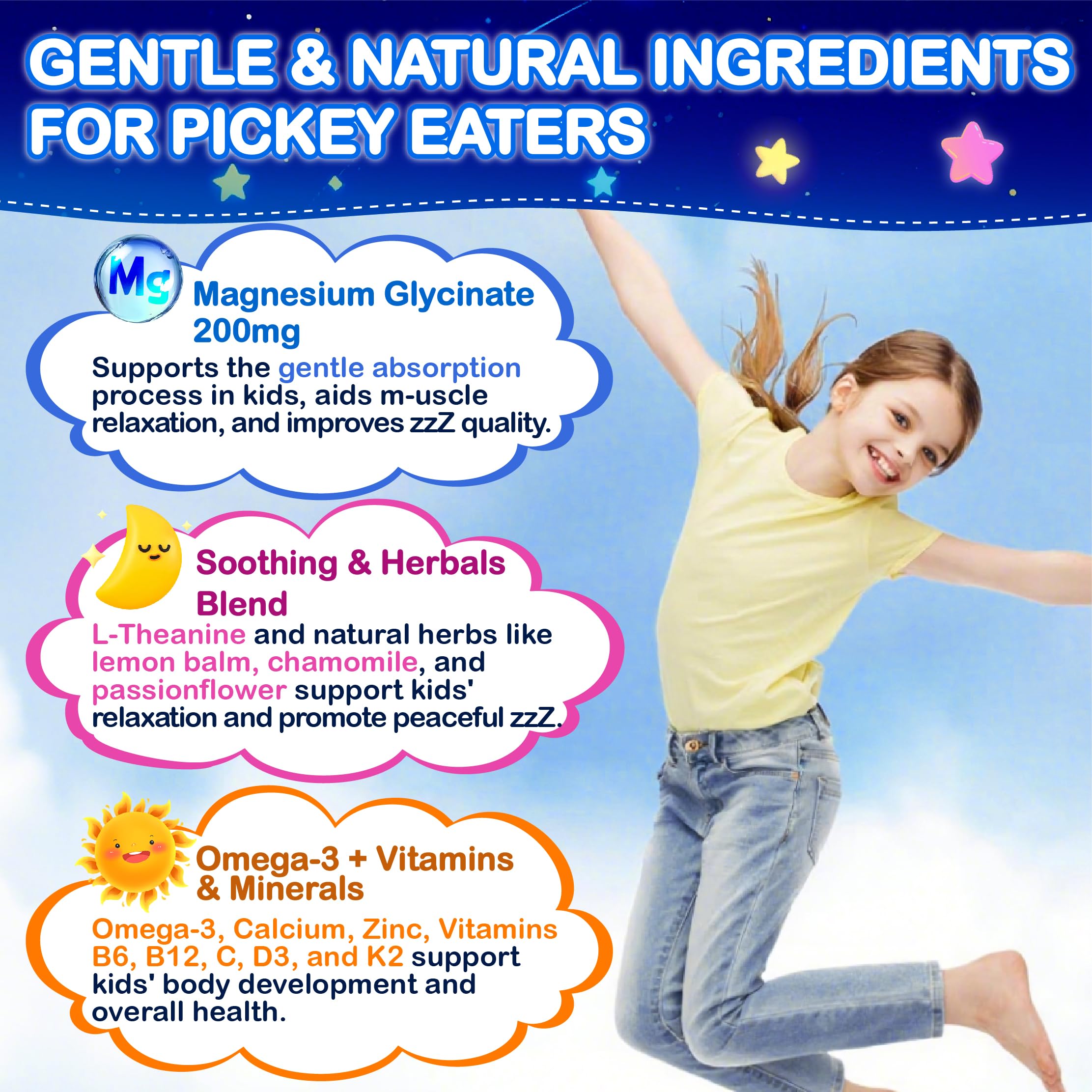 Nutritional icons displaying B6, B12, C, D3, K2, calcium and zinc