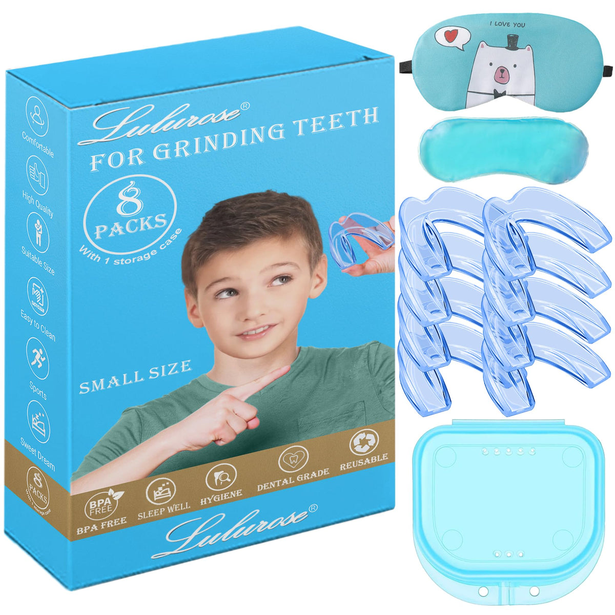Blue kids mouth guard 8-pack packaging and contents