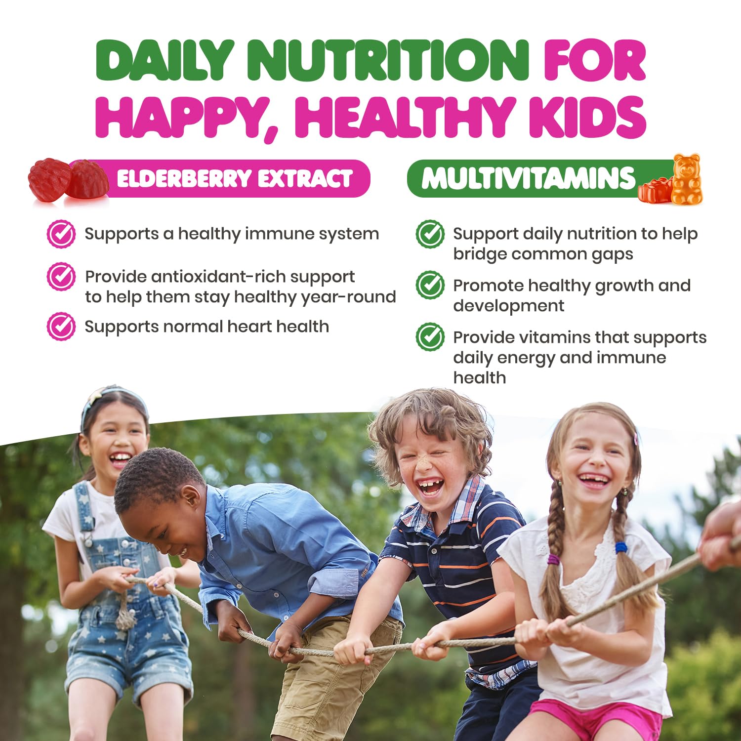 Kids multivitamin gummies showing 12 essential nutrients