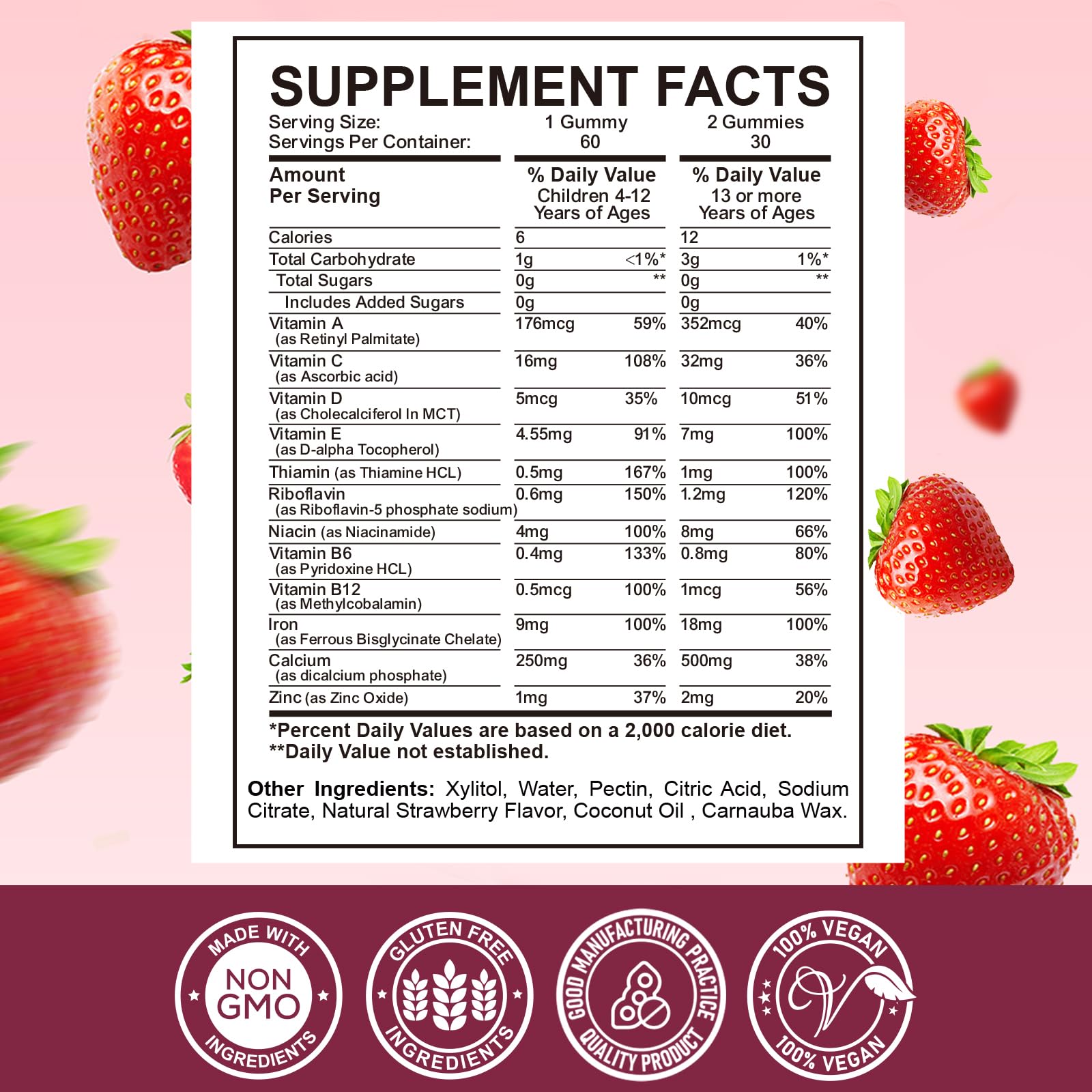 Kids multivitamin with iron gummies beside a bottle