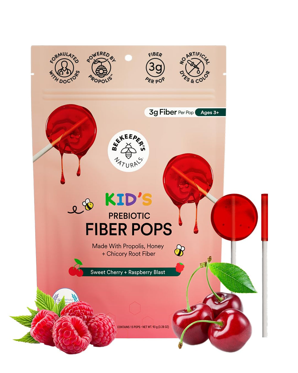 Kids prebiotic fiber lollipops Raspberry Blast flavor, 15 count
