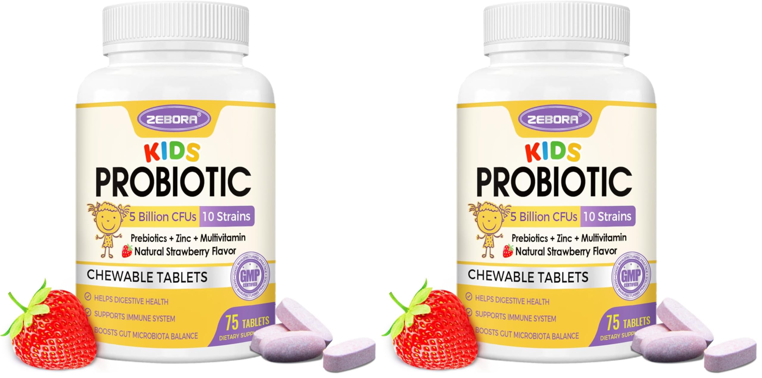 Front view of Kids Probiotic Chewables bottle with strawberry flavor