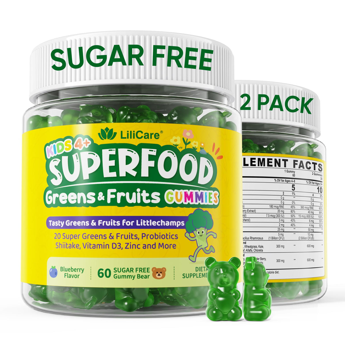 Front view of Kids Super Greens Gummies 2-pack bottle