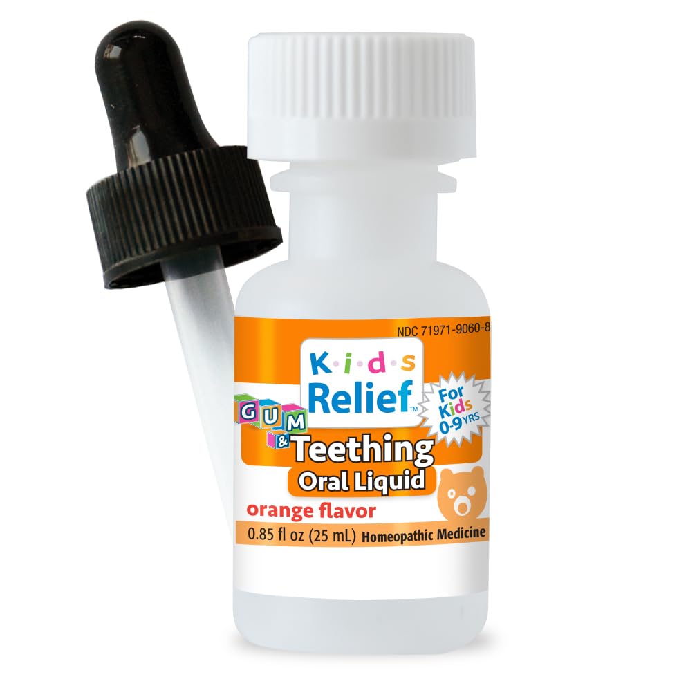 Close-up of orange-flavored teething solution bottle