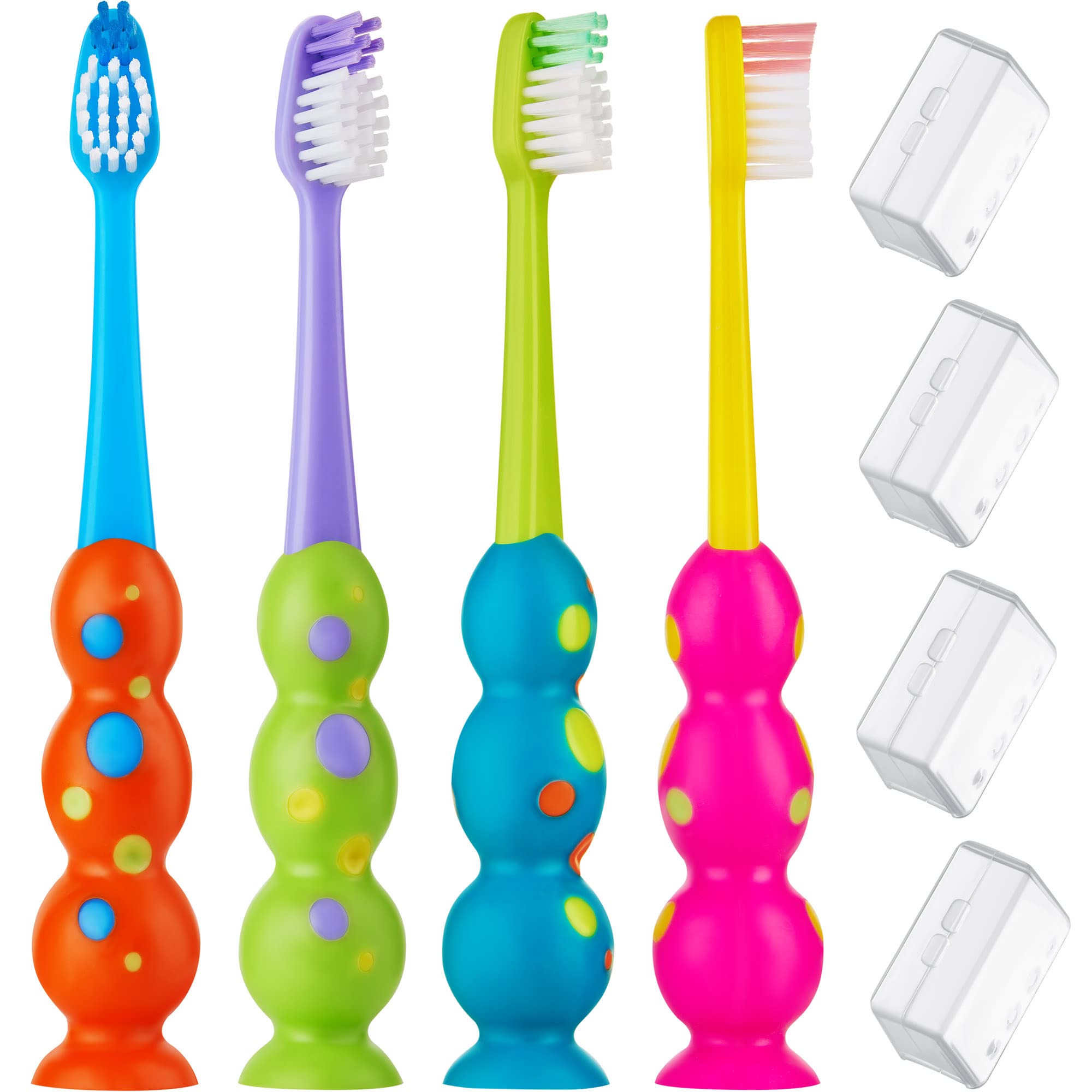 Four colorful kids toothbrushes in a 4-pack with suction cups