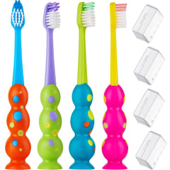 Four colorful kids toothbrushes in a 4-pack with suction cups
