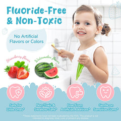 Packaging displaying fluoride-free strawberry and watermelon toothpaste