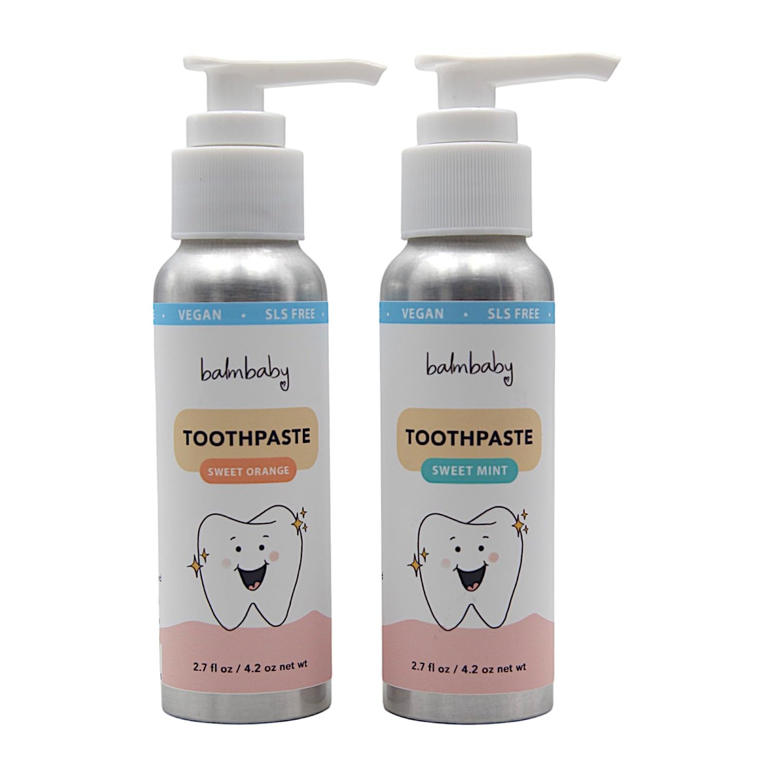 Front view of Kids Fluoride Free Toothpaste with Xylitol in mint & orange pump bottle