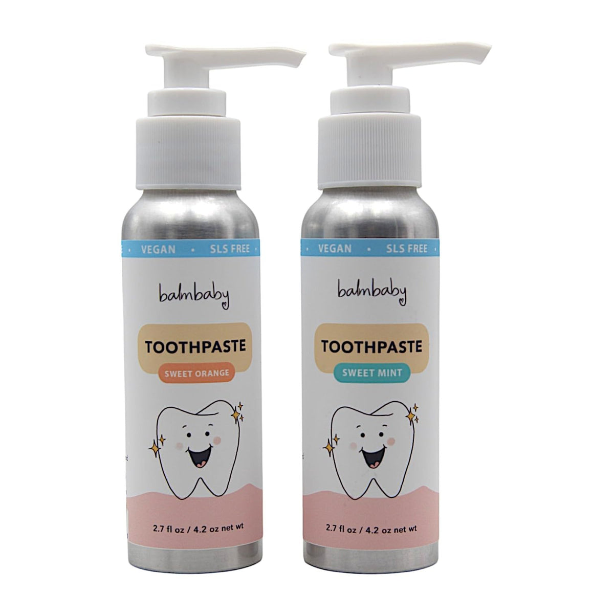 Front view of Kids Fluoride Free Toothpaste with Xylitol in mint & orange pump bottle