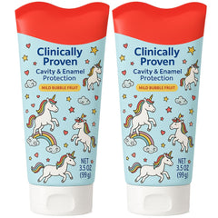 Front of Kids Toothpaste Unicorn Bubble Fruit Flavor packaging showing two 3.5 oz tubes.