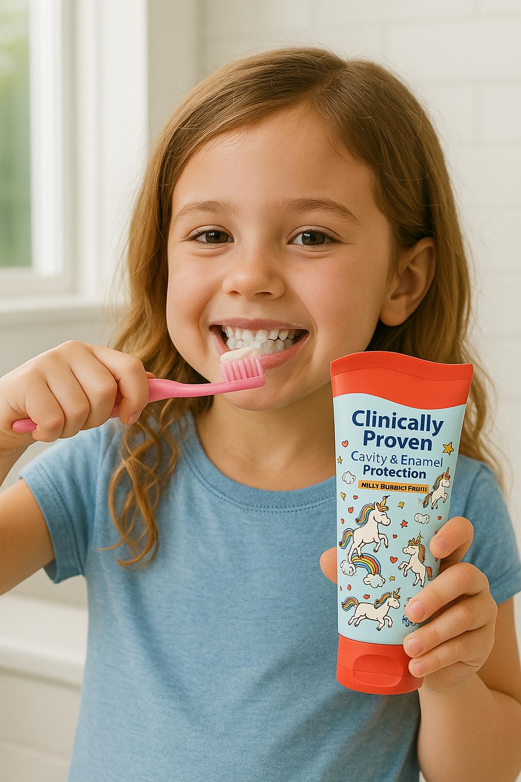 Close-up of Unicorn Bubble Fruit Flavor toothpaste tube (3.5 oz) for kids.